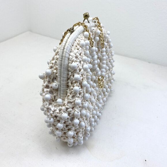 Vintage 60s Ritter White Raffia Plastic Beaded Purse Handbag Mod Hippie Wedding - Picture 8 of 15